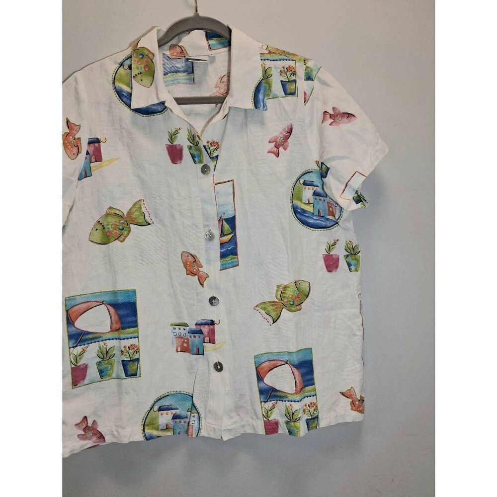 Hot cotton usa womens large linen shirt art wear white green fishes nature top - Picture 4 of 9